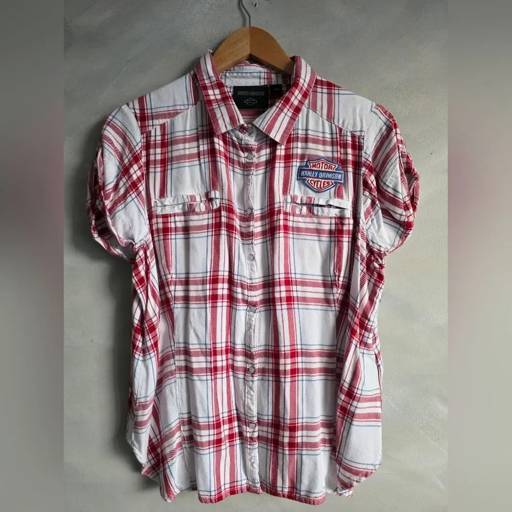 Harley-Davidson Womens Shirt Woven Red White Blue Plaid Garage Style Top 2XL
